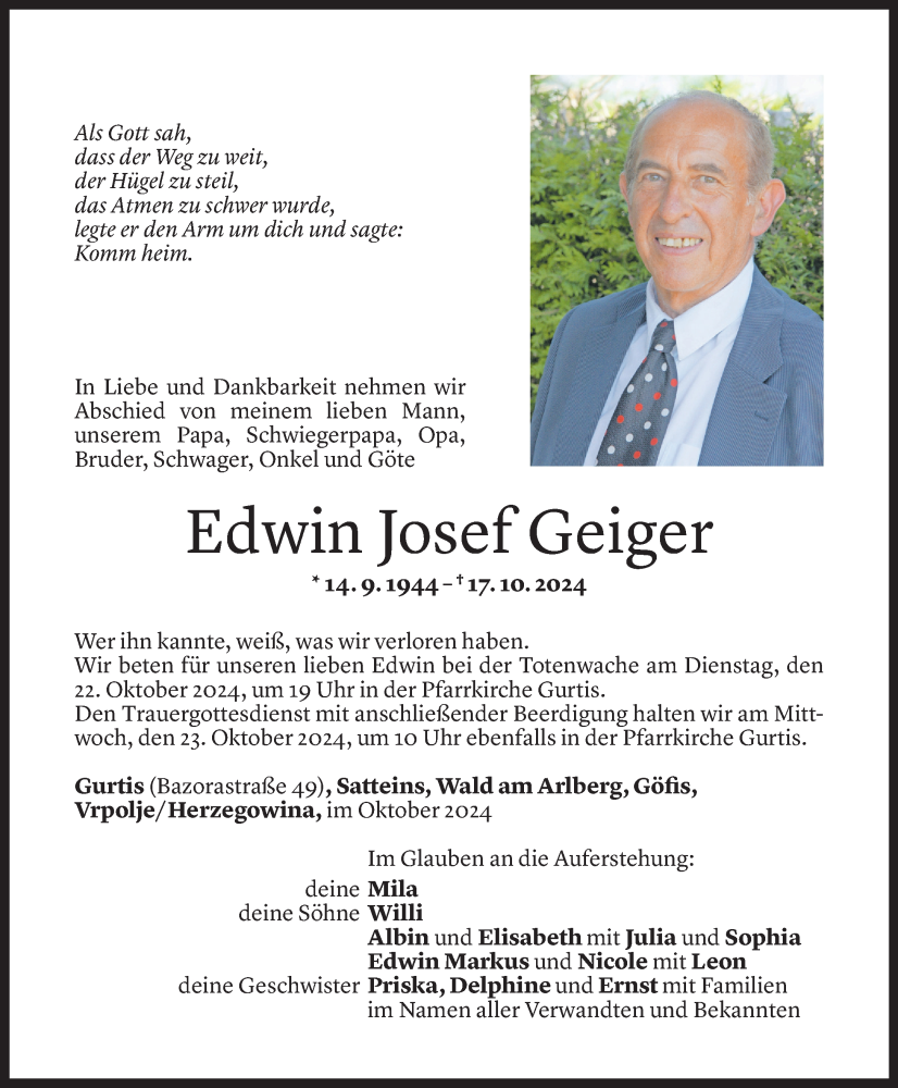  Todesanzeige für Edwin Josef Geiger vom 18.10.2024 aus Vorarlberger Nachrichten