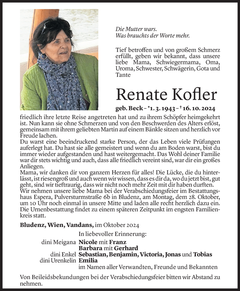  Todesanzeige für Renate Kofler vom 24.10.2024 aus Vorarlberger Nachrichten