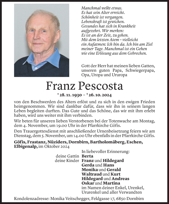 Todesanzeige von Franz Pescosta von Vorarlberger Nachrichten