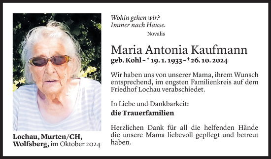 Todesanzeige von Maria Kaufmann von Vorarlberger Nachrichten