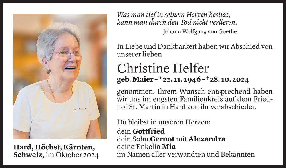  Todesanzeige für Christine Helfer vom 05.11.2024 aus Vorarlberger Nachrichten