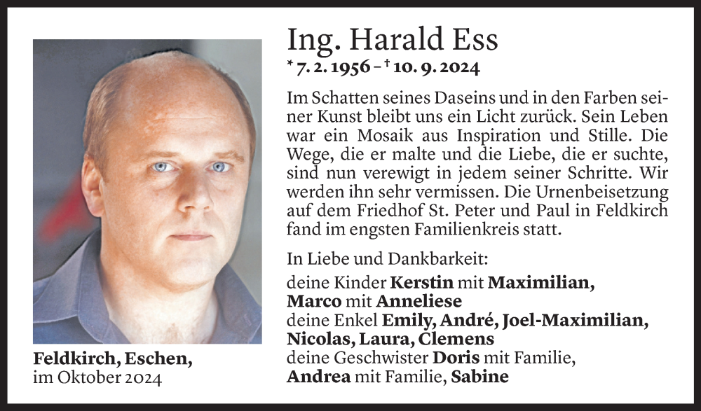  Todesanzeige für Harald Ess vom 05.10.2024 aus Vorarlberger Nachrichten