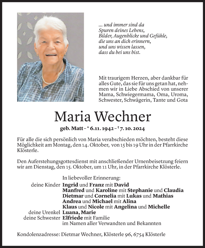  Todesanzeige für Maria Wechner vom 12.10.2024 aus Vorarlberger Nachrichten