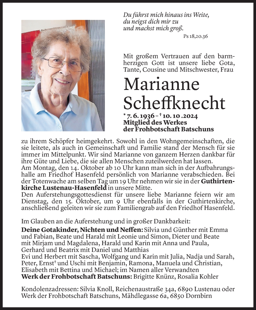  Todesanzeige für Marianne Scheffknecht vom 11.10.2024 aus Vorarlberger Nachrichten