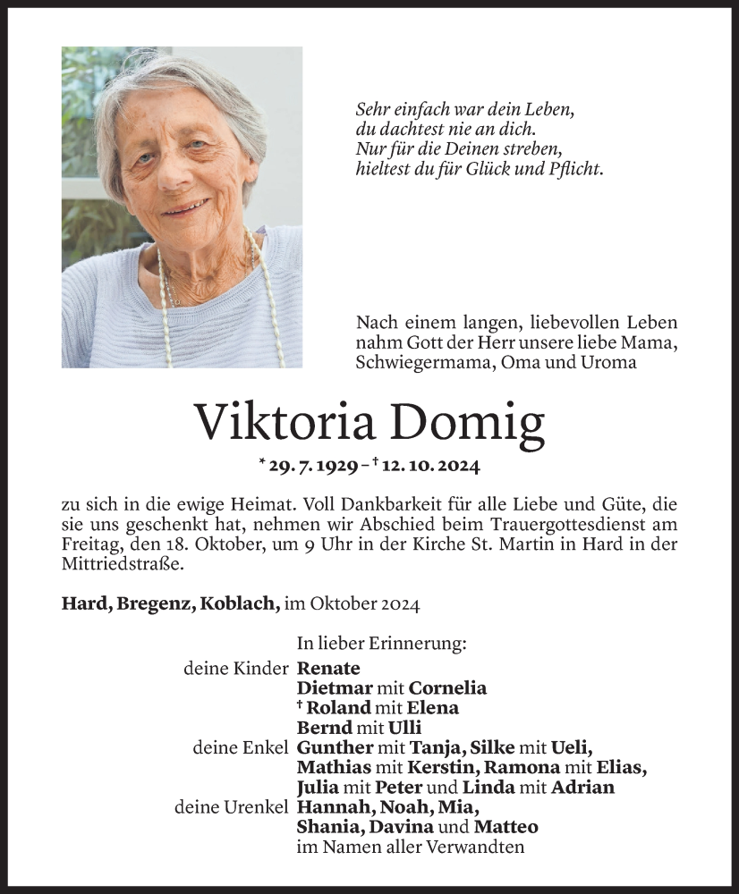  Todesanzeige für Viktoria Domig vom 15.10.2024 aus Vorarlberger Nachrichten