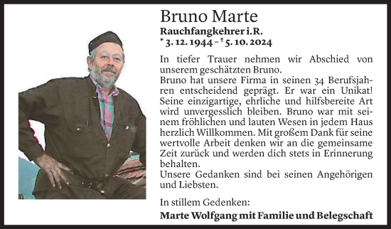 Todesanzeige von Bruno Marte von Vorarlberger Nachrichten