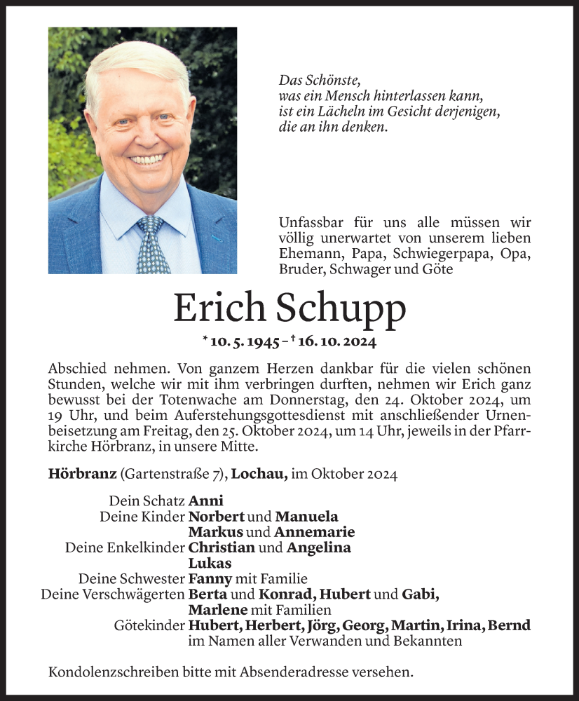  Todesanzeige für Erich Schupp vom 21.10.2024 aus Vorarlberger Nachrichten