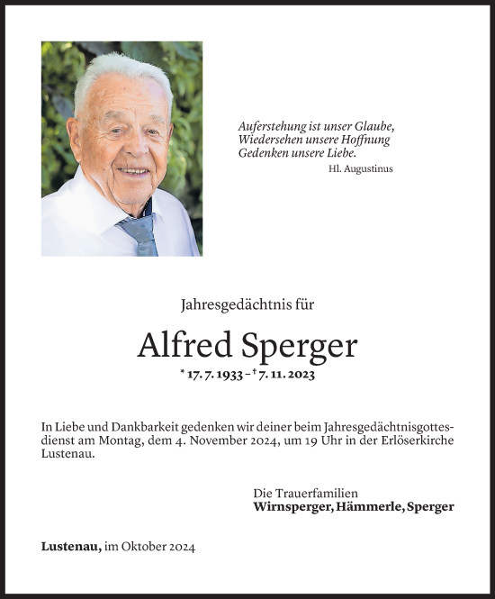 Todesanzeige von Alfred Sperger von Vorarlberger Nachrichten