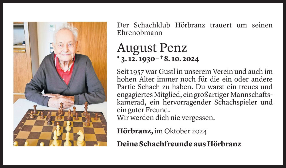  Todesanzeige für August Penz vom 10.10.2024 aus Vorarlberger Nachrichten