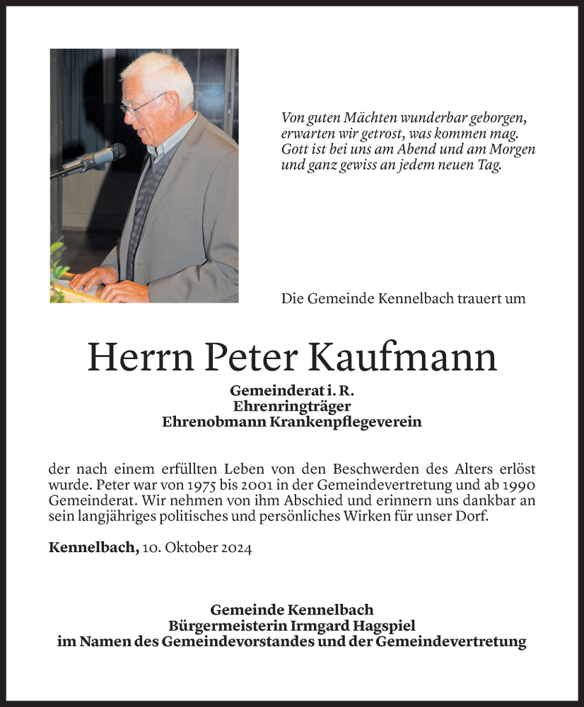  Todesanzeige für Peter Kaufmann vom 10.10.2024 aus Vorarlberger Nachrichten