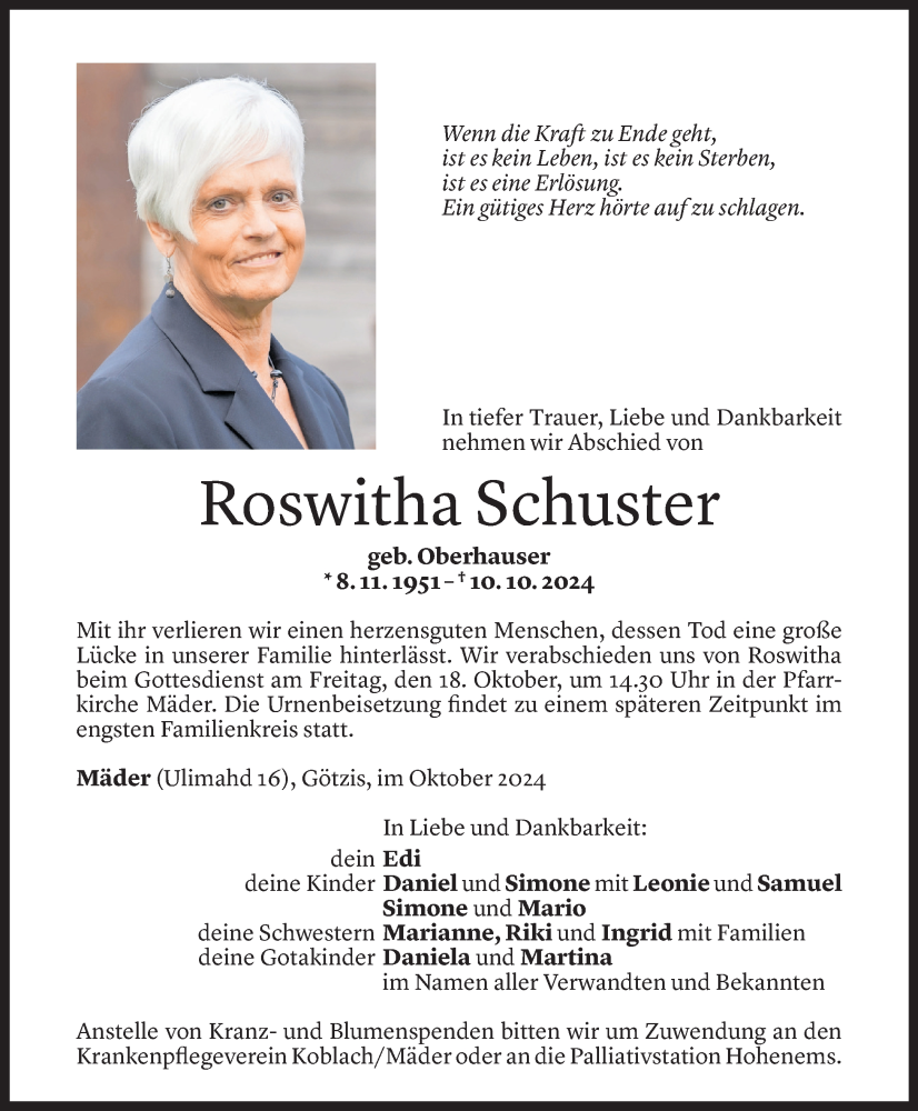  Todesanzeige für Roswitha Schuster vom 15.10.2024 aus Vorarlberger Nachrichten