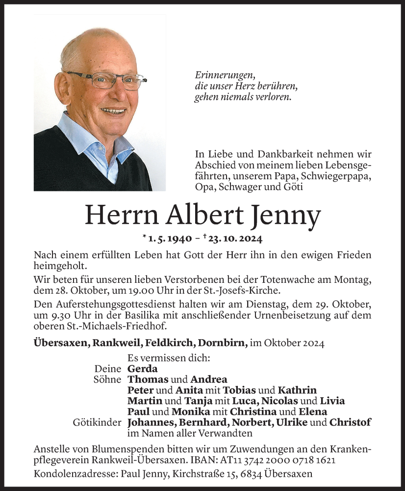  Todesanzeige für Albert Jenny vom 24.10.2024 aus Vorarlberger Nachrichten