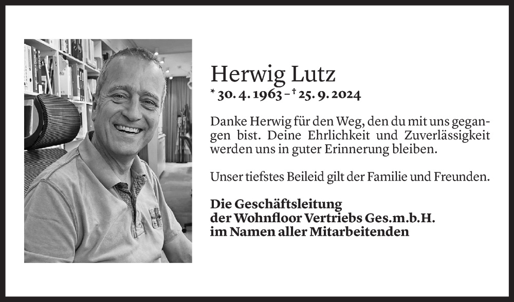  Todesanzeige für Herwig Lutz vom 22.10.2024 aus Vorarlberger Nachrichten