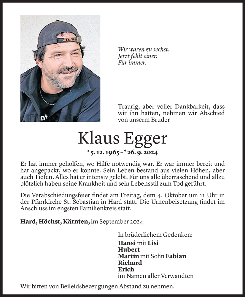  Todesanzeige für Klaus Egger vom 02.10.2024 aus Vorarlberger Nachrichten