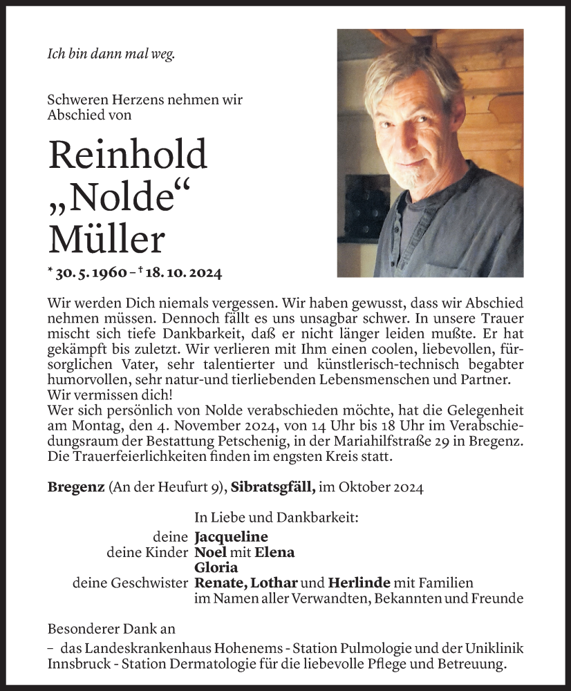  Todesanzeige für Reinhold Müller vom 28.10.2024 aus Vorarlberger Nachrichten