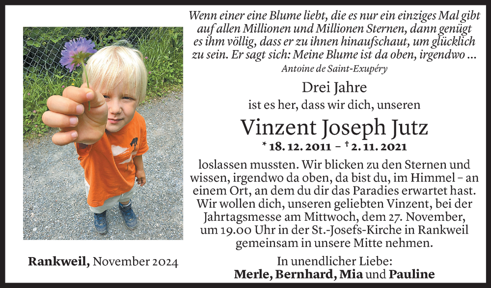  Todesanzeige für Vinzent Joseph Jutz vom 01.11.2024 aus Vorarlberger Nachrichten