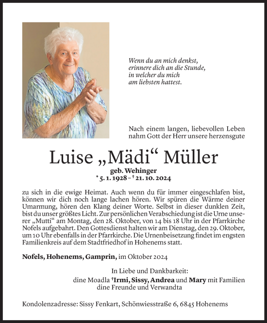 Todesanzeige von Luise Müller von Vorarlberger Nachrichten