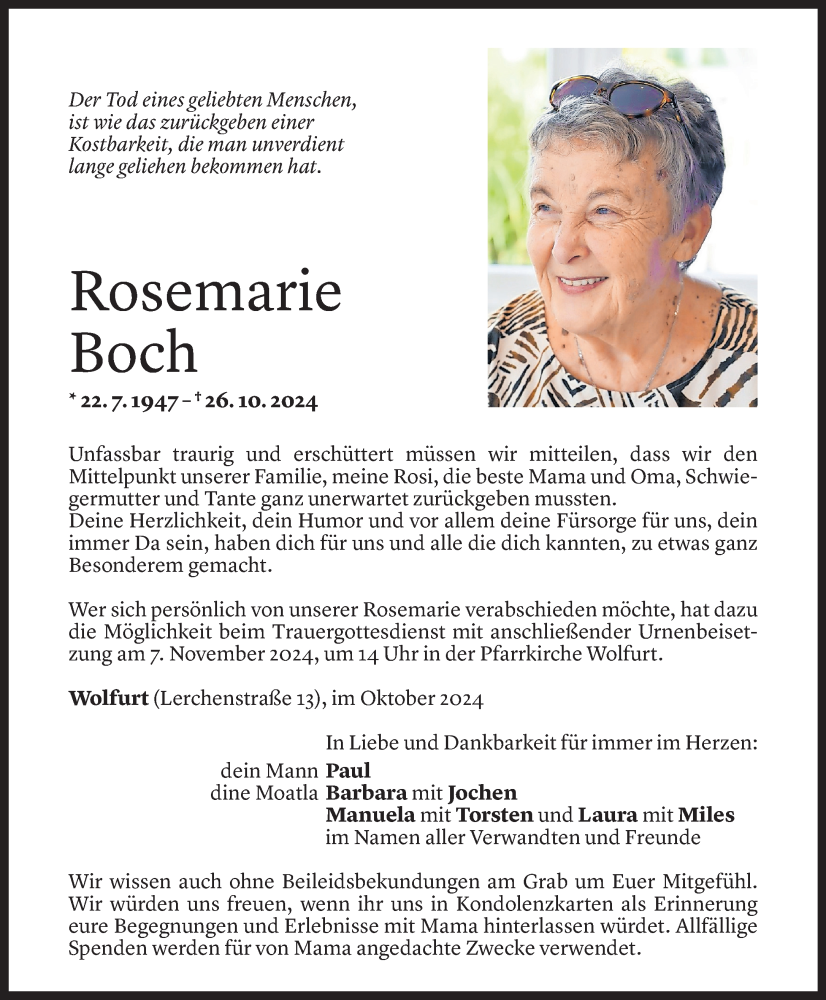  Todesanzeige für Rosemarie Boch vom 30.10.2024 aus Vorarlberger Nachrichten