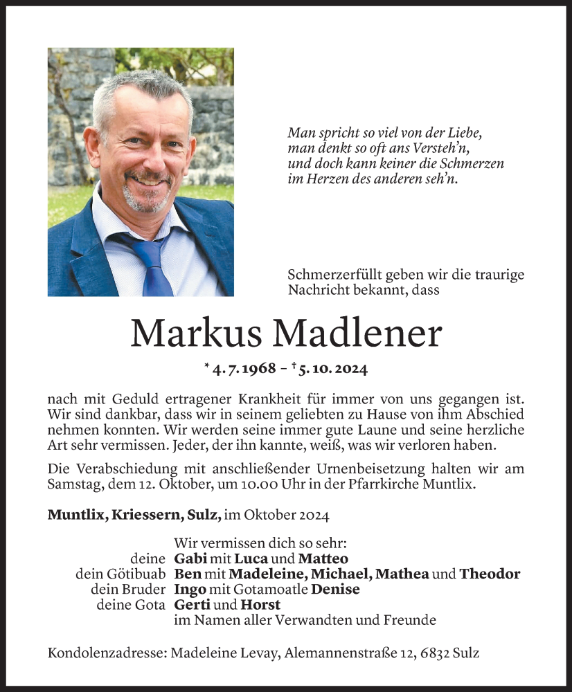  Todesanzeige für Markus Madlener vom 09.10.2024 aus Vorarlberger Nachrichten