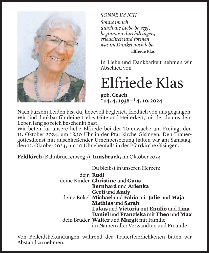  Todesanzeige für Elfriede Klas vom 09.10.2024 aus Vorarlberger Nachrichten