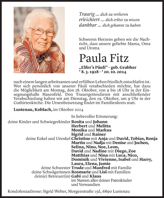 Todesanzeige von Paula Fitz von Vorarlberger Nachrichten