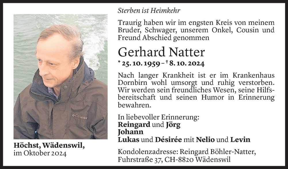  Todesanzeige für Gerhard Natter vom 19.10.2024 aus Vorarlberger Nachrichten