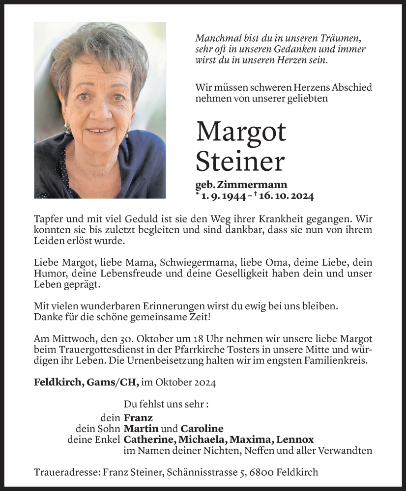  Todesanzeige für Margot Steiner vom 24.10.2024 aus Vorarlberger Nachrichten