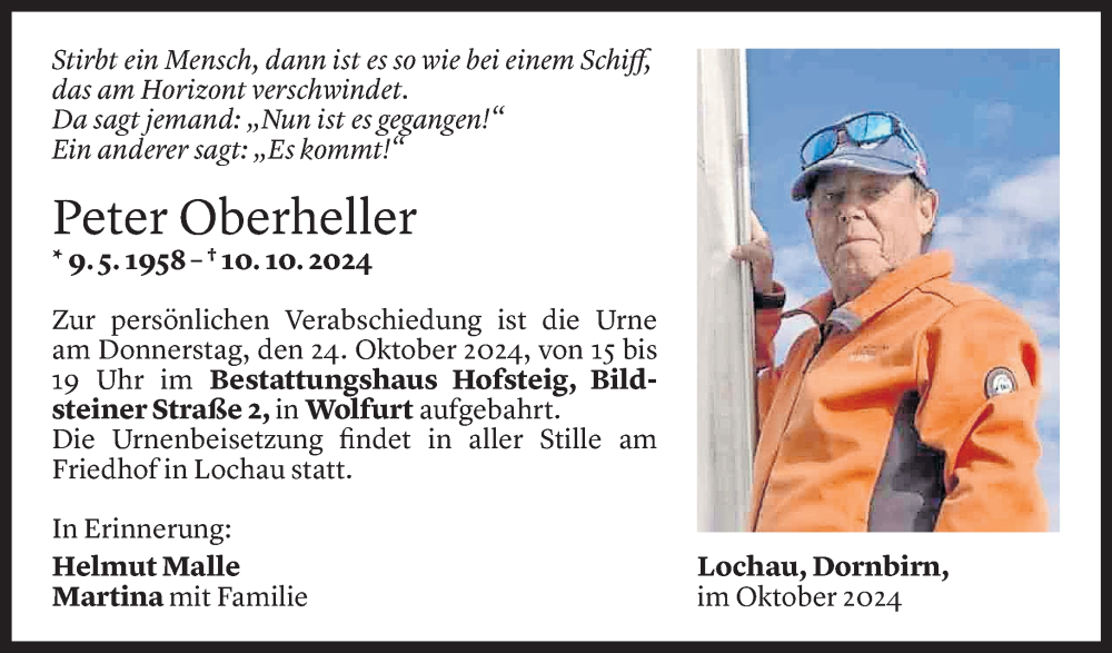  Todesanzeige für Peter Oberheller vom 20.10.2024 aus Vorarlberger Nachrichten