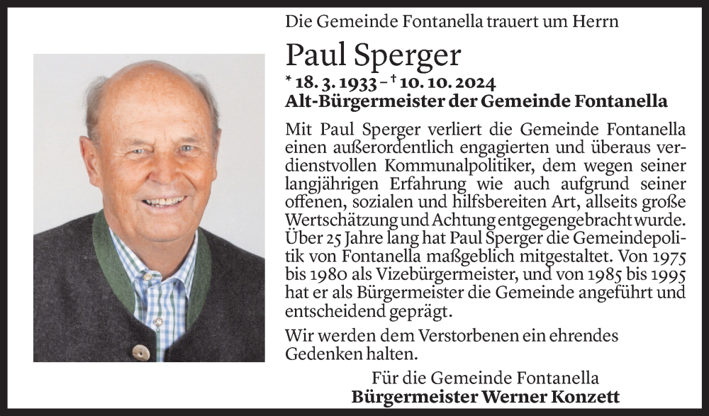  Todesanzeige für Paul Sperger vom 16.10.2024 aus Vorarlberger Nachrichten