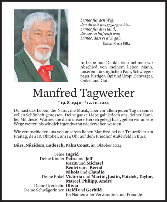 Todesanzeige von Manfred Tagwerker von Vorarlberger Nachrichten