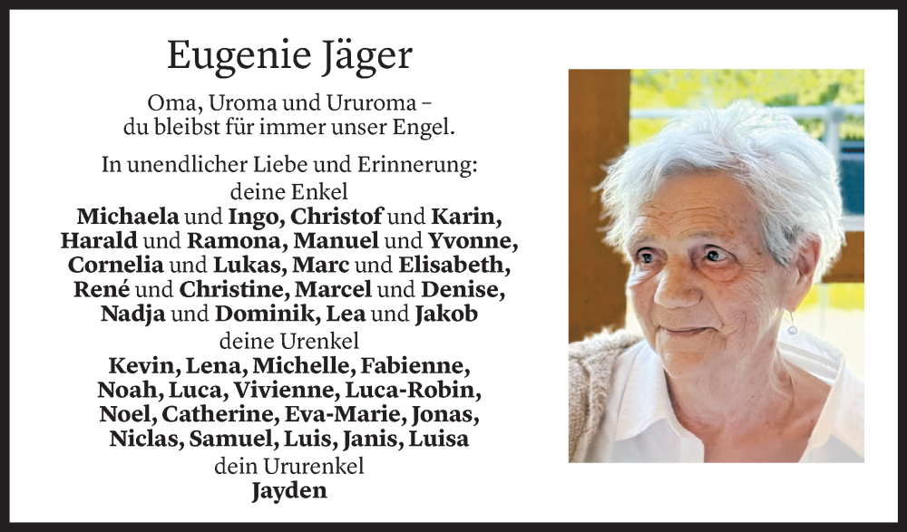  Todesanzeige für Eugenie Jäger vom 02.11.2024 aus Vorarlberger nachrichten