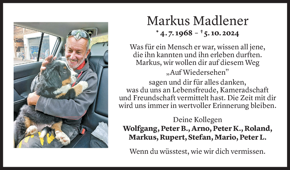  Todesanzeige für Markus Madlener vom 09.10.2024 aus Vorarlberger Nachrichten