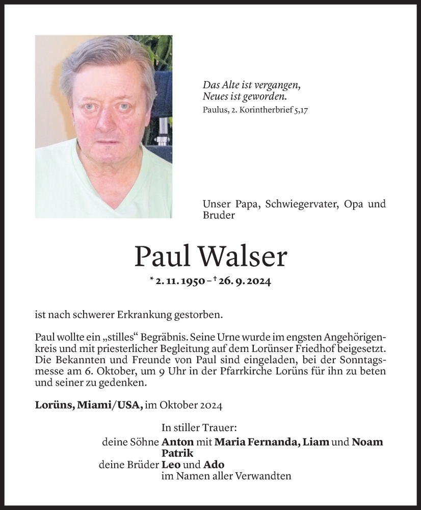  Todesanzeige für Paul Walser vom 05.10.2024 aus Vorarlberger Nachrichten