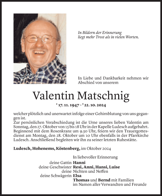 Todesanzeige von Valentin Matschnig von Vorarlberger Nachrichten