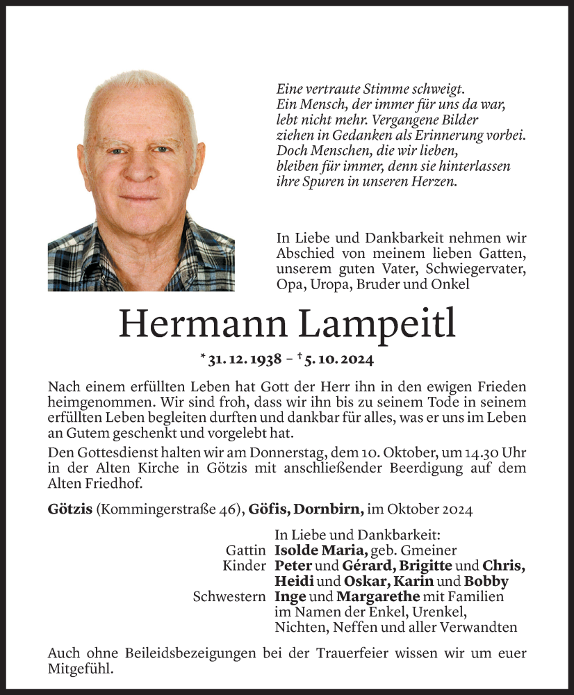  Todesanzeige für Hermann Lampeitl vom 09.10.2024 aus Vorarlberger Nachrichten