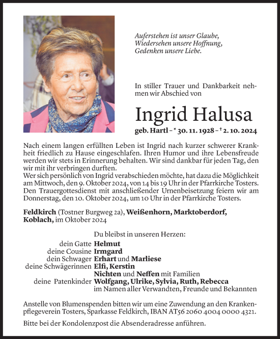 Todesanzeige von Ingrid Halusa von Vorarlberger Nachrichten