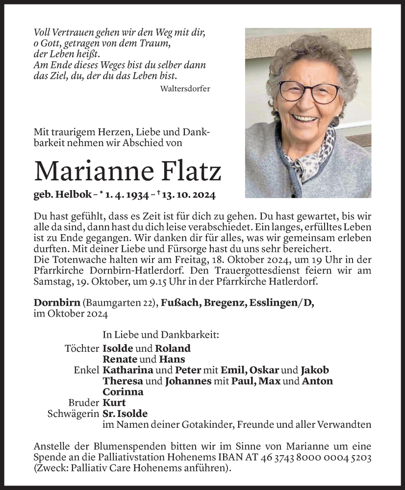  Todesanzeige für Marianne Flatz vom 16.10.2024 aus Vorarlberger Nachrichten