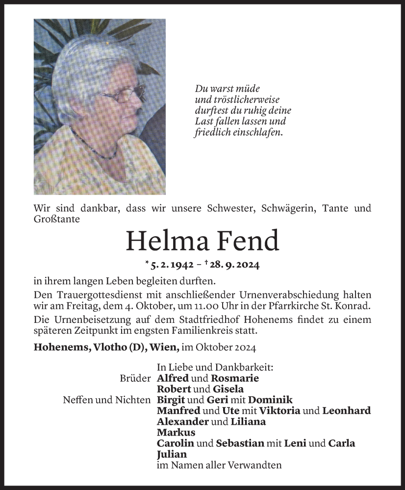  Todesanzeige für Helma Fend vom 02.10.2024 aus Vorarlberger Nachrichten