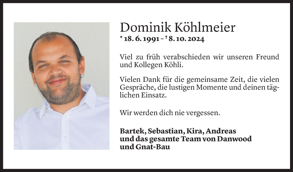  Todesanzeige für Dominik Köhlmeier vom 13.10.2024 aus Vorarlberger Nachrichten