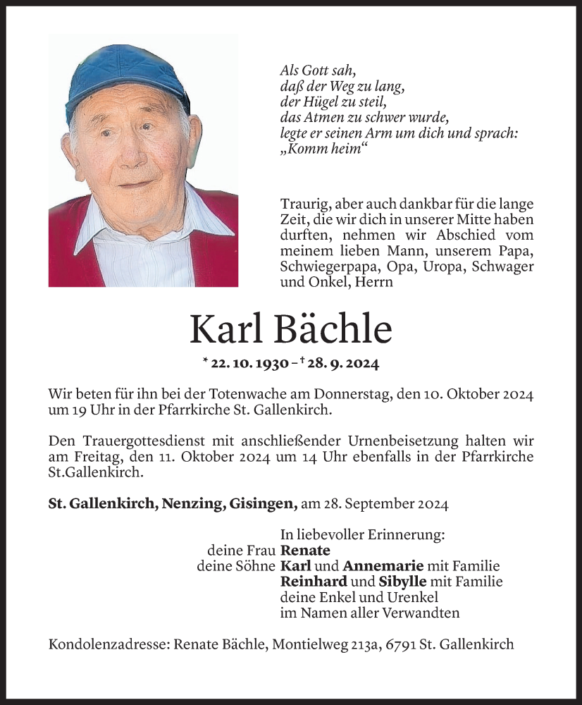  Todesanzeige für Karl Bächle vom 04.10.2024 aus Vorarlberger Nachrichten