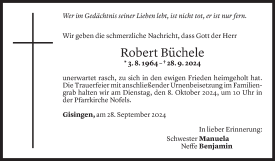 Todesanzeige von Robert Büchele von Vorarlberger Nachrichten