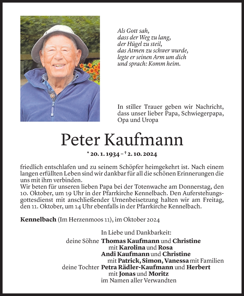  Todesanzeige für Peter Kaufmann vom 07.10.2024 aus Vorarlberger Nachrichten