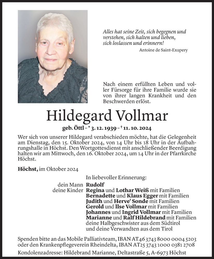  Todesanzeige für Hildegard Vollmar vom 14.10.2024 aus Vorarlberger Nachrichten