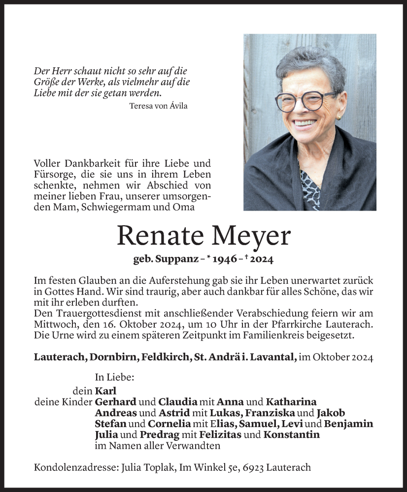  Todesanzeige für Renate Meyer vom 11.10.2024 aus Vorarlberger Nachrichten