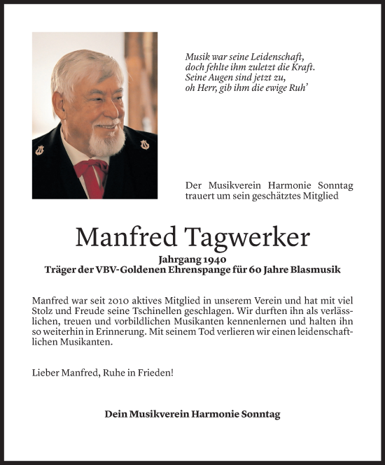 Todesanzeige von Manfred Tagwerker von Vorarlberger Nachrichten