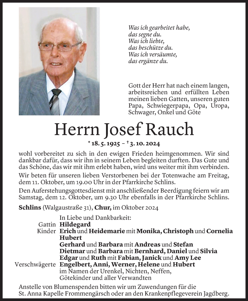  Todesanzeige für Josef Rauch vom 06.10.2024 aus Vorarlberger Nachrichten