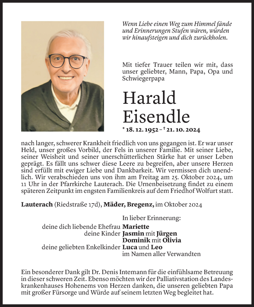  Todesanzeige für Harald Eisendle vom 22.10.2024 aus Vorarlberger Nachrichten