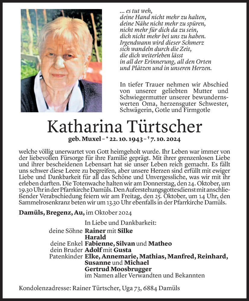  Todesanzeige für Katharina Türtscher vom 20.10.2024 aus Vorarlberger Nachrichten