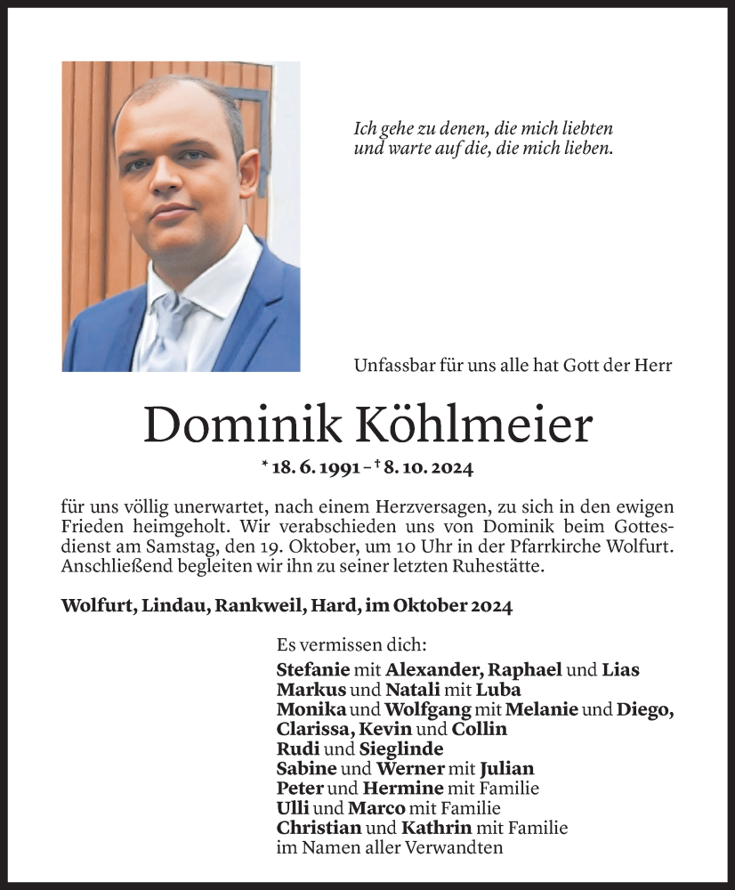  Todesanzeige für Dominik Köhlmeier vom 13.10.2024 aus Vorarlberger Nachrichten