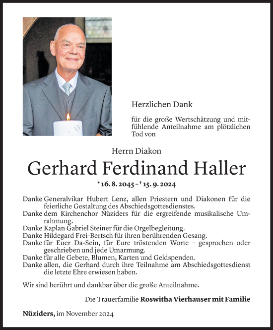 Todesanzeige von Gerhard Ferdinand Haller von Vorarlberger Nachrichten